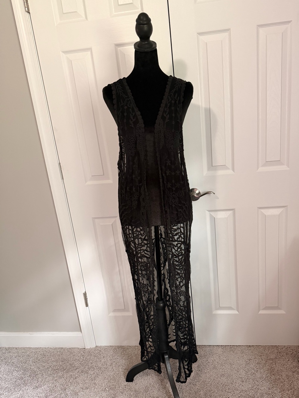 Black Lace Crochet Long Vest Coverup size L